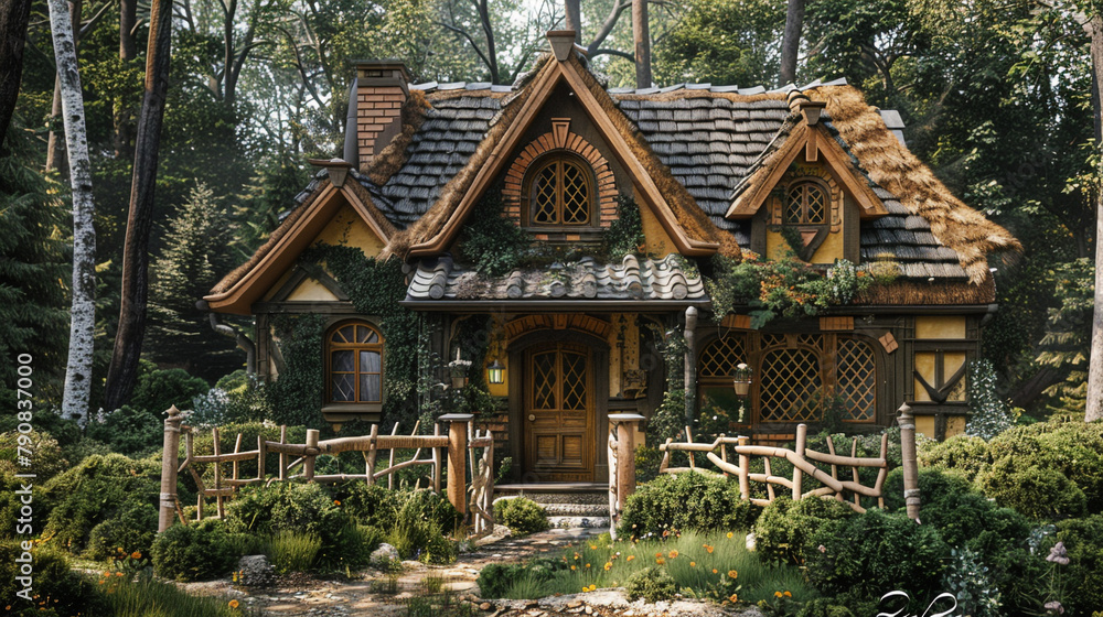 A cozy Victorian cottage nestled in a secluded forest, with a thatched roof, latticed windows, and a charming garden gate.
