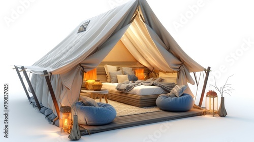 A tent with a bed inside and a few other items