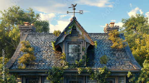 A cozy dormer window and a whimsical weather vane perched atop the roof of a quaint Victorian home.