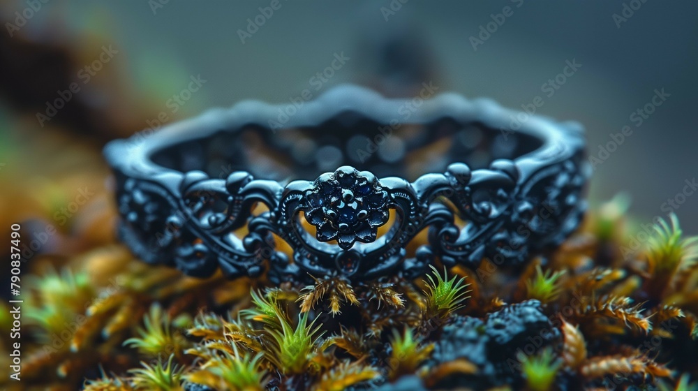 Fototapeta premium Mysterious Antique: Intricate Black Ring in Moody Lighting, generative ai