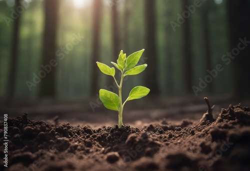A young green plant sprouting from the soil in a forest, with blurred trees in the background