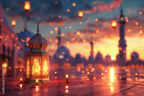 Nighttime Illumination Traditional Islamic Lantern Glowing in Front of Mosque Under Starry Sky © VICHIZH