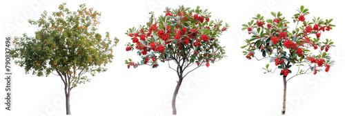 set of hawthorn trees, with bright red berries, isolated on transparent background photo