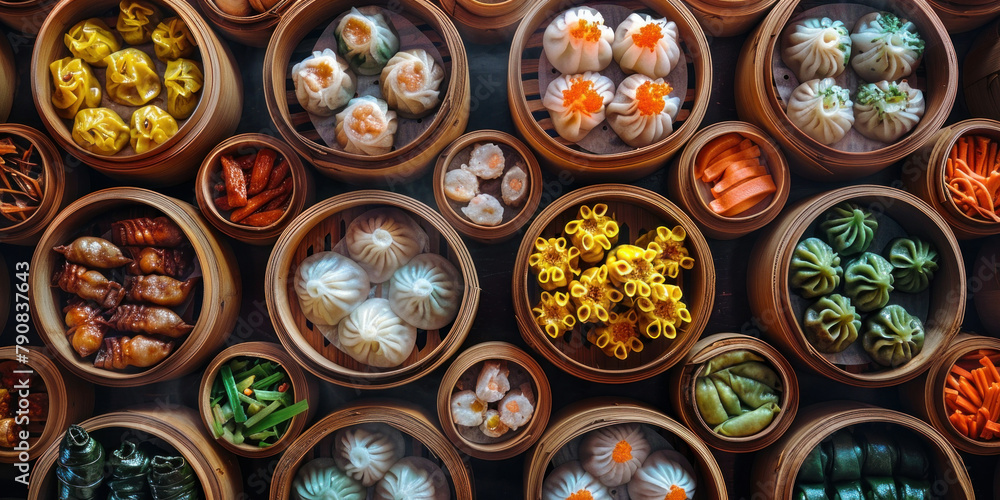 Variety of delicious dumplings in assorted bowls arranged on a table in front of the camera