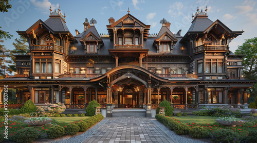 A grand Victorian hotel with a sweeping veranda, decorative gables, and a porte-cochere leading to an elaborately carved entrance.