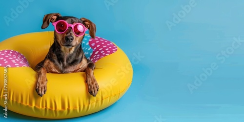 A dog in sunglasses in an inflatable ring on an empty blue background with copy space. Cute pet. © vik.stock