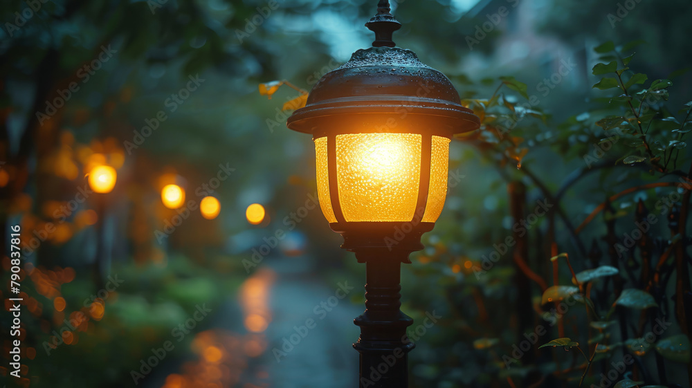 A lit streetlamp at dusk on a path A lit streetlamp at dusk on a path