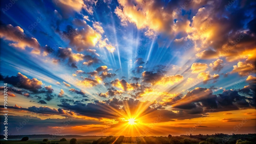 Sunrise dramatic blue sky with orange sun rays breaking through the clouds. Nature background. Hope concept. Sunrise dramatic blue sky with orange sun rays breaking through the clouds. Nature background. Hope concept.