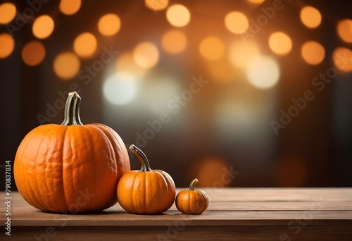 An orange pumpkin and smaller pumpkins on a wooden table with a blurred background of warm  glowing lights