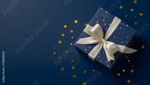 A navy blue gift box with a white ribbon bow, surrounded by scattered golden stars on a dark blue background