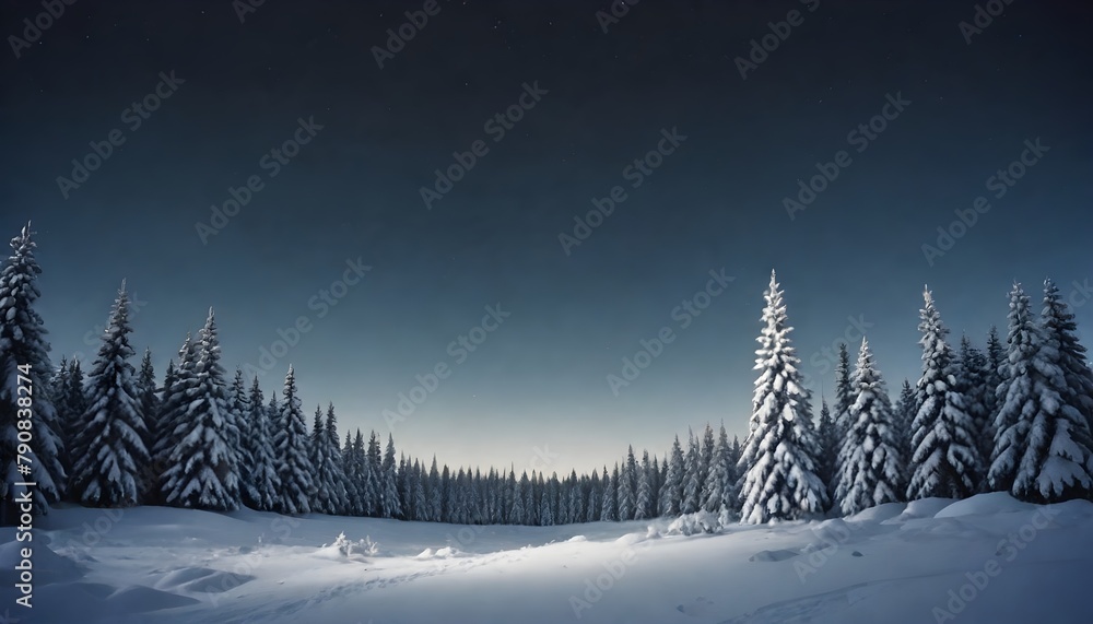 A snowy winter landscape with a forest of pine trees covered in snow under a starry night sky. The scene has a serene and peaceful atmosphere with a soft, glowing light