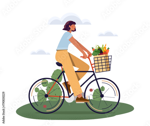 A woman riding a bicycle with a basket full of vegetables, vector illustration on a plain background, concept of healthy and active lifestyle. Flat cartoon vector illustration