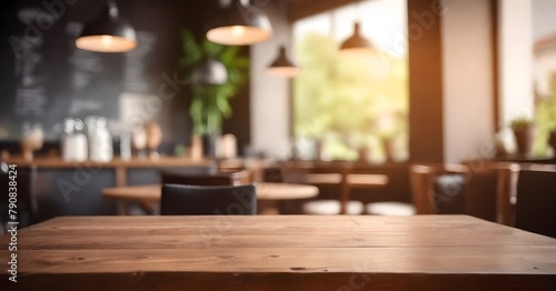 Wooden table in a cozy cafe setting, with a blurred background of chairs and decor