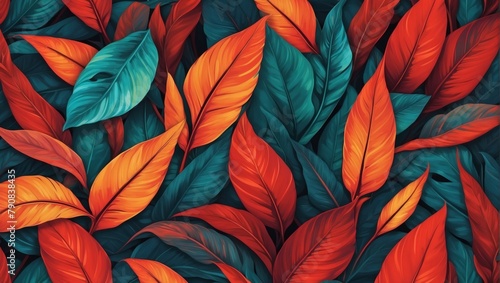 Dynamic Abstract Leaf Texture Background, Capturing Tropical Spirit with Fiery Red Hues. photo