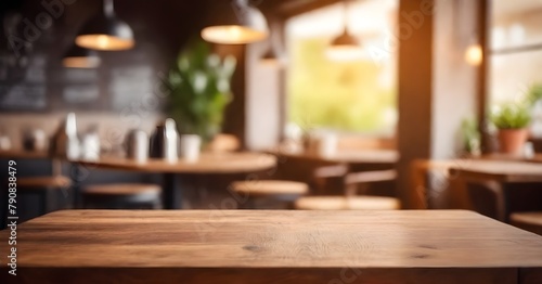 Wooden table in a cozy cafe setting  with a blurred background of chairs and decor
