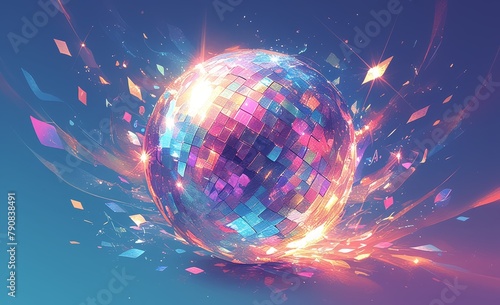 disco ball with colorful lights on it  reflecting in a mirror. Web banner with available space
