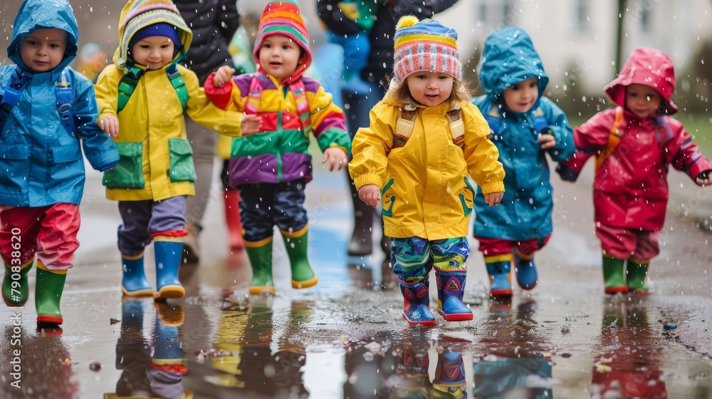 Group of toddlers in matching raincoats and boots, parading on a rainy day fashion scene
