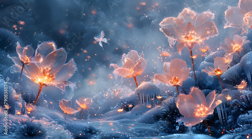 Crystal Chill: A Watercolor Tapestry of Glowing Ice Flowers and Frozen Butterflies © Thien Vu