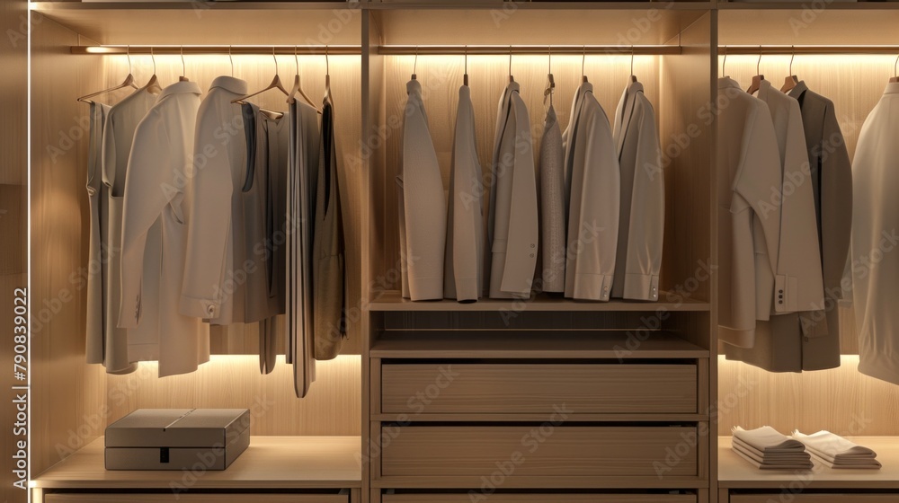 A well-lit closet with a variety of clothing hanging on the racks