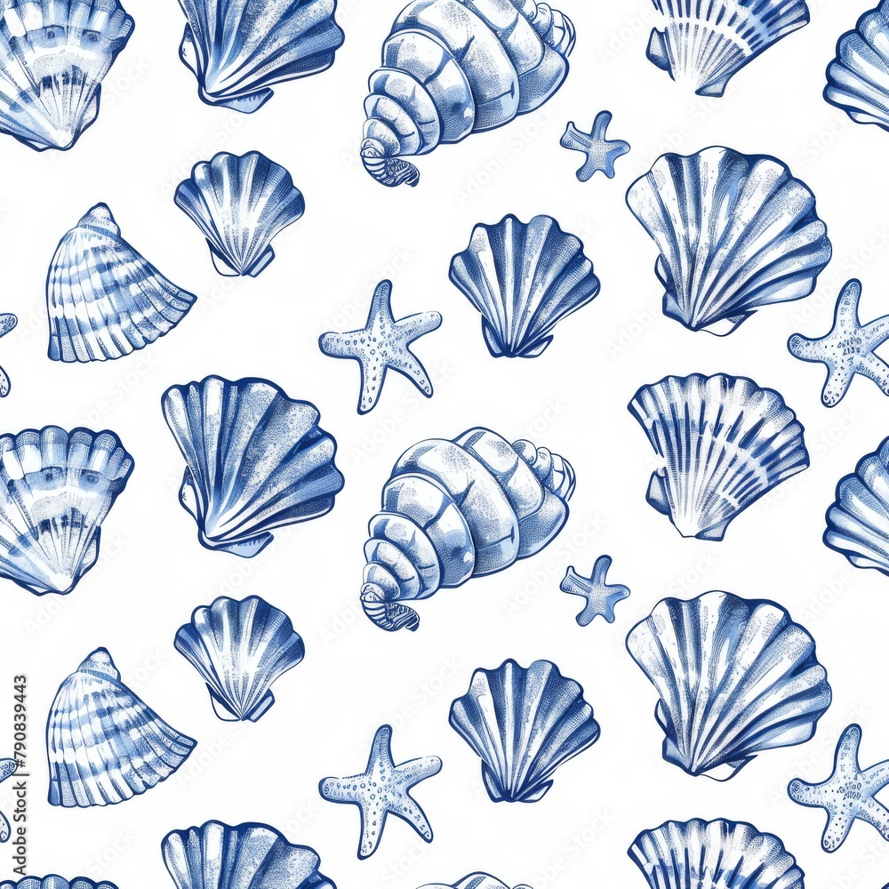 Blue and White Seashells and Starfish Pattern Blue and White Seashells and Starfish Pattern