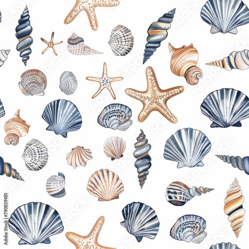 Assortment of Seashells and Starfish on White Background