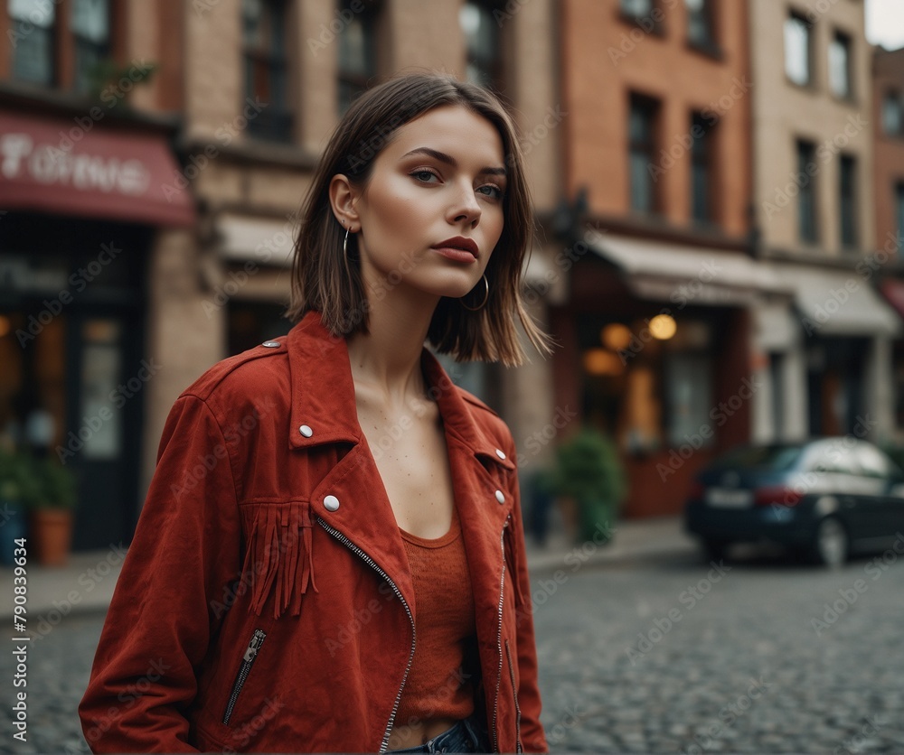 A young brunette with a bob and a stylish biker jacket walks along a city street A young brunette with a bob and a stylish biker jacket walks along a city street