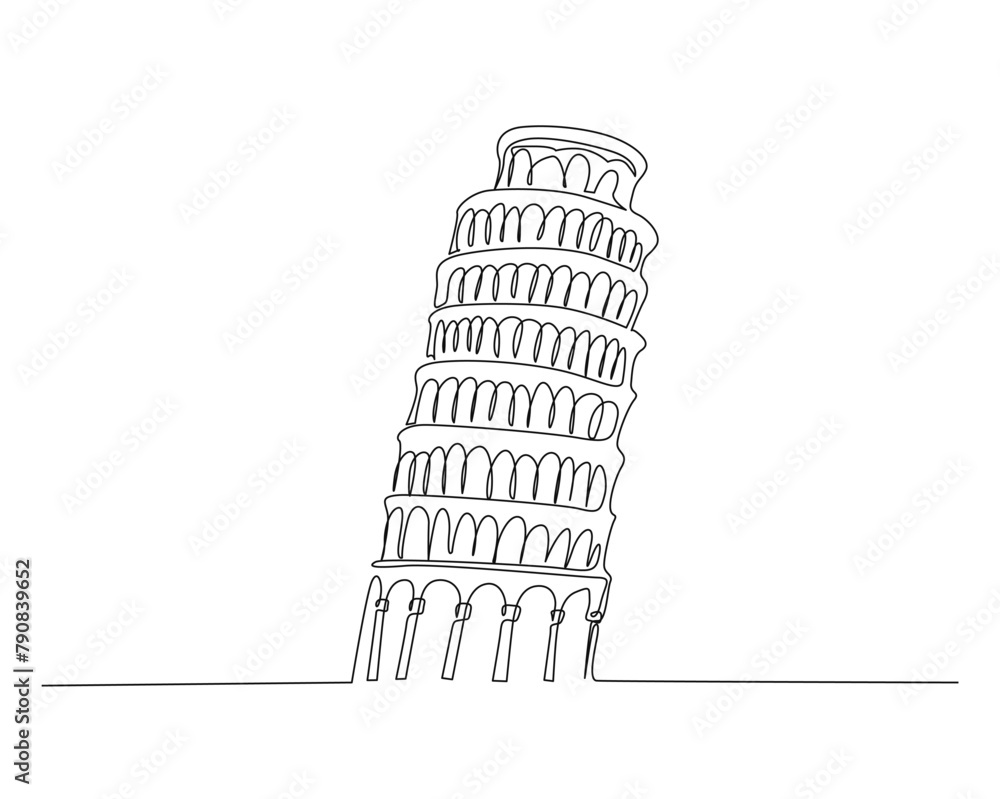 Continuous one line drawing of Pisa tower or Italian Leaning Tower. Pisa tower simple outline vector illustration. Editable stroke.