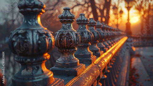 Ornate bridge railing at sunset