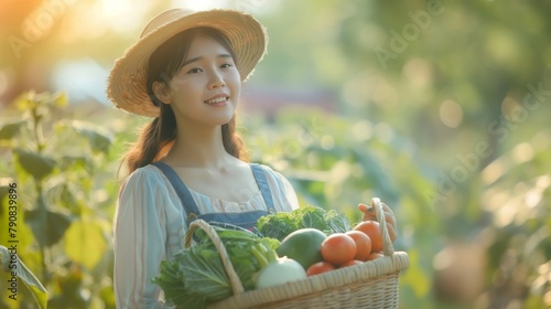 Asian Woman Standing in Field With Basket of Vegetables