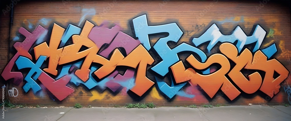 Colorful graffiti wall with abstract shapes, patterns, and characters on a brick wall. The background features various spray-painted designs in vibrant colors like orange, blue, and yellow