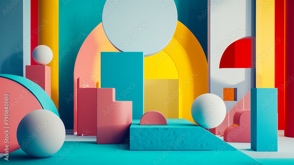 art deco, Scene of Retro art 3d abstract composition featuring geometric shapes or lines in a minimal color palette, showcasing simplicity and balance. postmodern collage style, art deco, Scene of Retro art 3d abstract composition featuring geometric shapes or lines in a minimal color palette, showcasing simplicity and balance. postmodern collage style,
