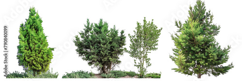 set of juniper bushes, varying from low ground covers to tall screens, displaying their adaptability, isolated on transparent background photo