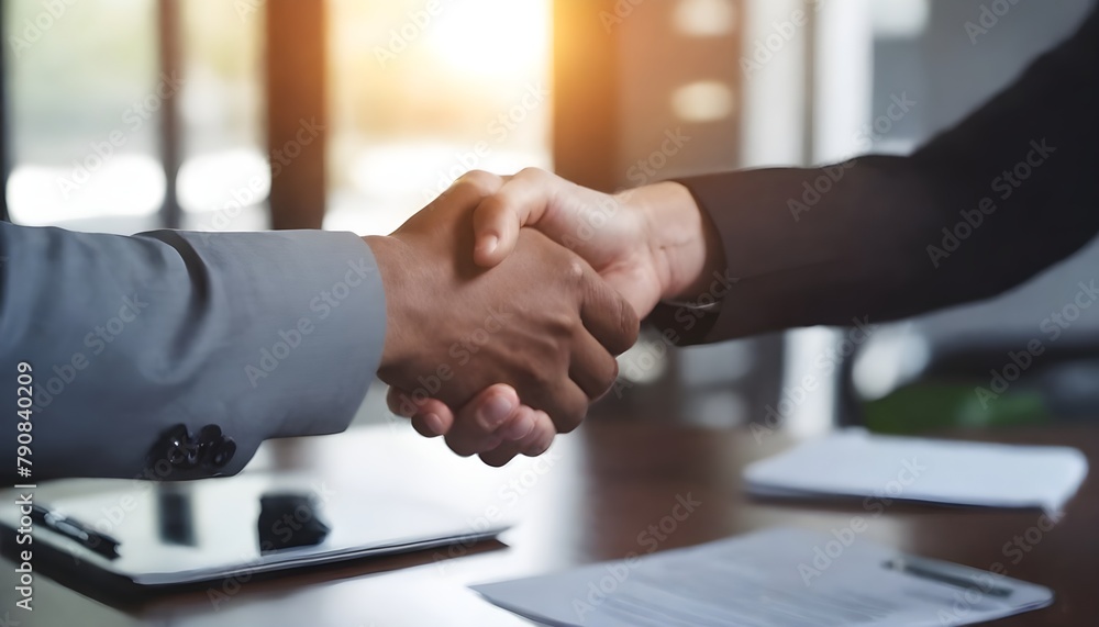 Two business people shaking hands over a desk, signifying a deal