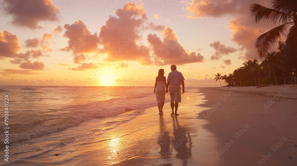 Senior couple walking hand in hand along a tropical beach at sunset Senior couple walking hand in hand along a tropical beach at sunset