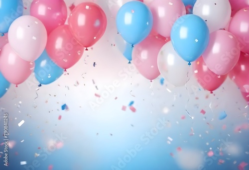 Colorful balloons in pink  blue  and white floating against a blurred background with confetti  creating a festive and celebratory