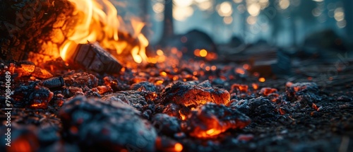 Burning coals in the barbecue, close-up, background. Coal texture, black coal background for design with copy space for text or image. photo