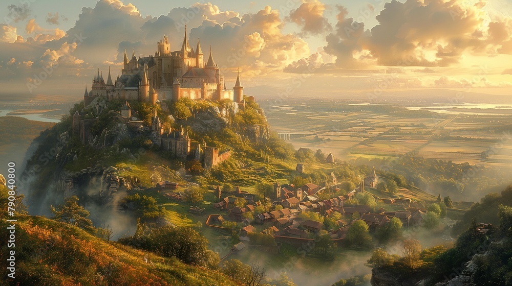 Romanticized Medieval Landscape with Castle, generative ai