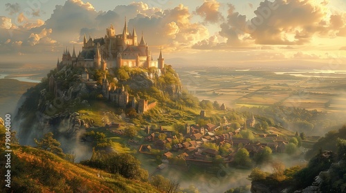 Romanticized Medieval Landscape with Castle, generative ai photo