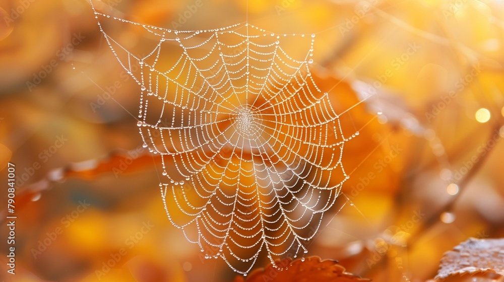 Macro View of Dewy Spider Web, generative ai