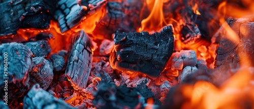 Burning coals in the barbecue, close-up, background. Coal texture, black coal background for design with copy space for text or image.