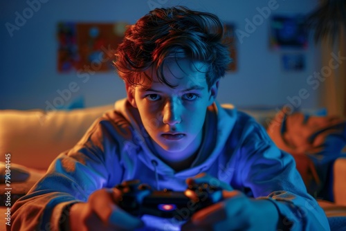 Boy playing video game with remote control in dark room