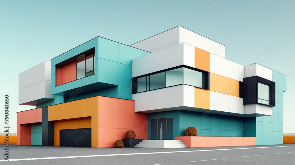 Vibrant modern building showcasing a blend of colors and geometric design in a minimalist setting: Innovative and creative contemporary architecture concept, minimalist urban structure Vibrant modern building showcasing a blend of colors and geometric design in a minimalist setting: Innovative and creative contemporary architecture concept, minimalist urban structure
