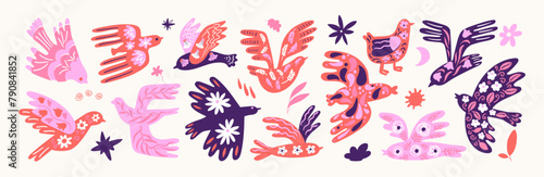 Cartoon abstract birds with ornaments. Decorative elements, botanical style, flying birds. Trendy vector pattern. Scandinavian pigeon, swallow