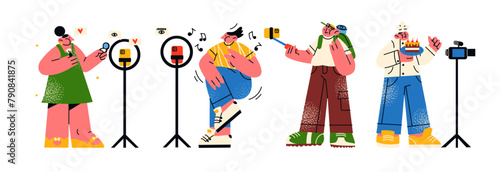 Characters video bloggers with a camera and a smartphone in their hands. Trendy streamer stickers, blogging, a large number of subscribers, online channel, live broadcast. Vector mascots