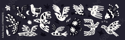 Cartoon abstract birds with pattern . Decorative elements, botanical boho style, flying birds. Trendy vector pattern. Scandinavian pigeon, swallow	