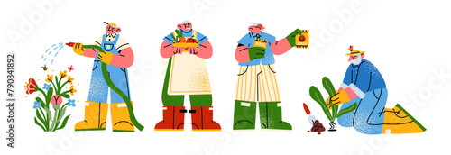Cartoon grandfather characters people gardeners, farmers. Garden, farm and agriculture. Hobby gardener, flowers, plants. Vector elderly mascots