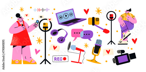 Characters video bloggers with a camera and a smartphone in their hands. Trendy streamer stickers, blogging, a large number of subscribers, online channel, live broadcast. Vector mascots