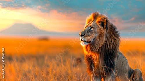 Majestic Lion in Golden Savannah at Sunset. Wildlife King against Mount Kilimanjaro Backdrop. A Perfect Image for Decorating and Design Projects. AI