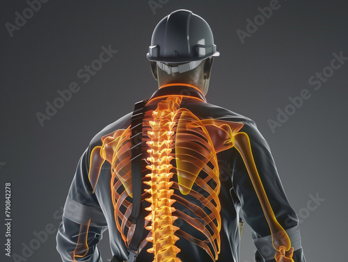 3D model of a construction worker's back, showing muscles strained under the weight of heavy lifting.
