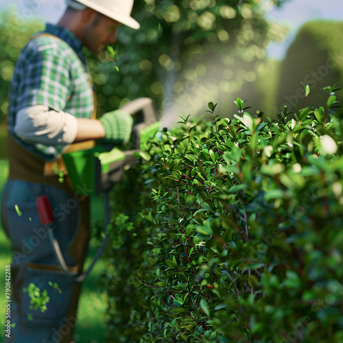 3D model of a gardener trimming hedges, close-up on the precision and dedication to landscape beauty.
